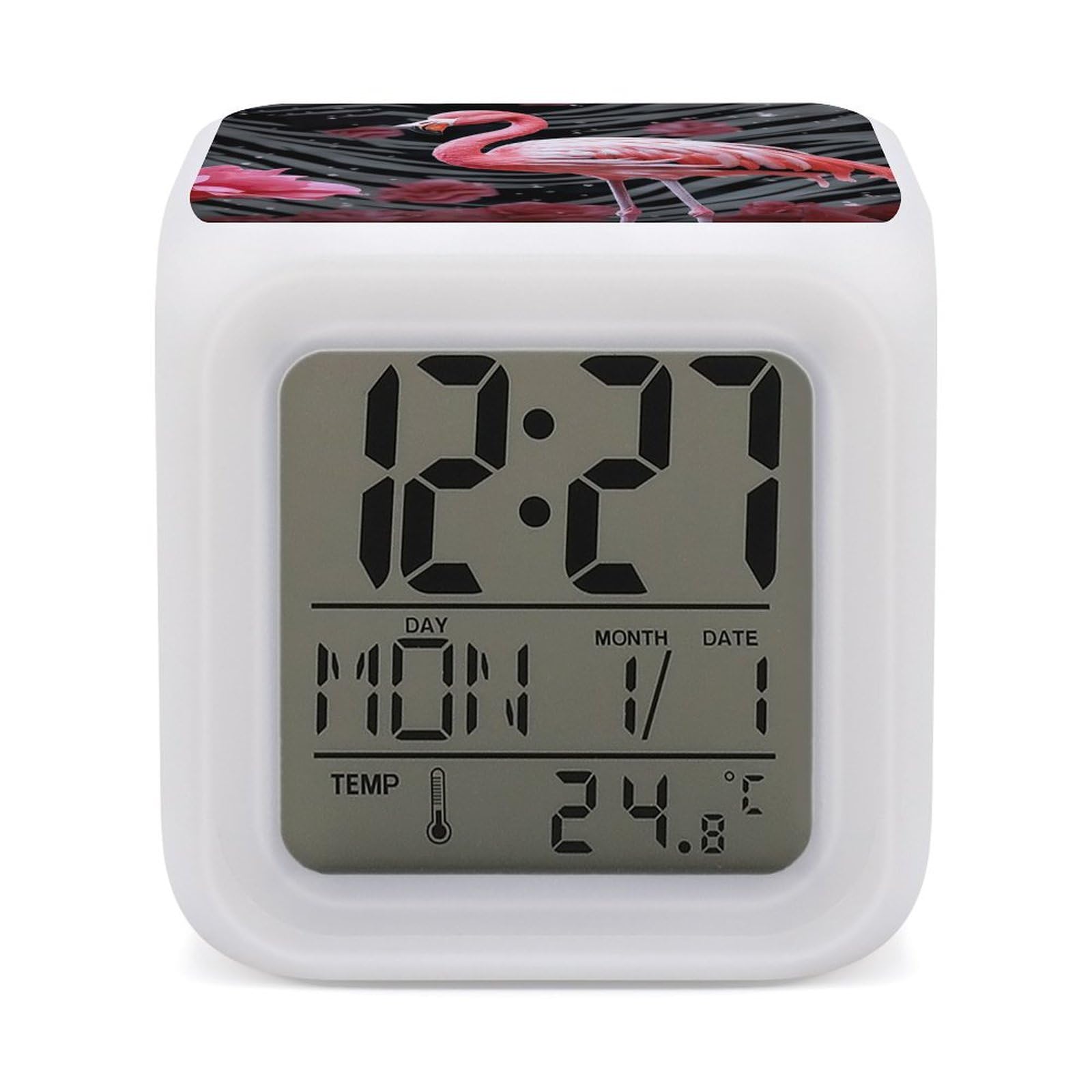 JTREHY 7 Color Changing LED Digital Alarm Clock,Pink Flamingo Printed Wake-up Clock with Temperature Display Home Decoration Alarm Clock for Bedroom Office