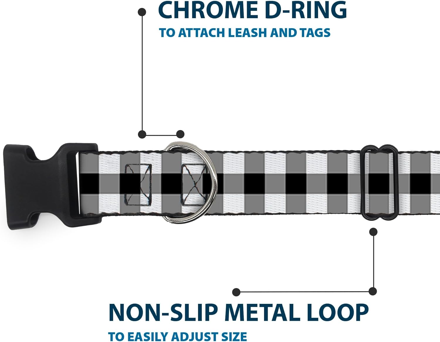Buckle-Down Buffalo Plaid Black/White Plastic Clip Collar, 1.5" x 18-32"/Large