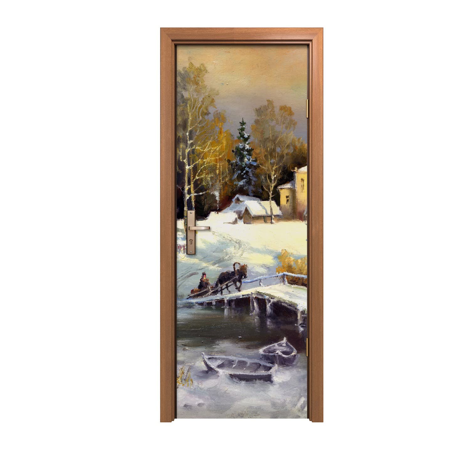 Autocollant de porte hiver décoration murale trompe l'œil neige 70x200