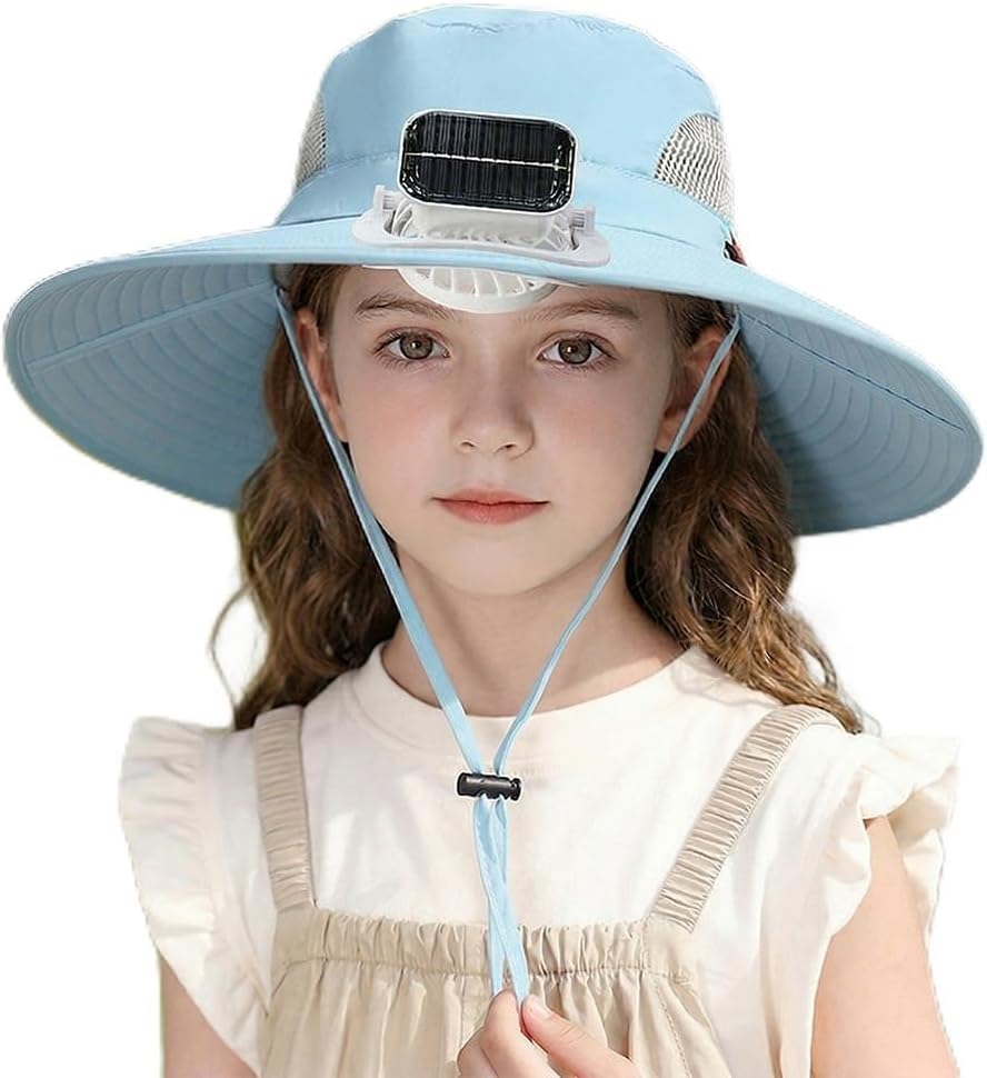 Cooling Fan Hat for Kids 3-12 Years, USB Charging Fan Hat Wide Brim Bucket Fisherman Hat for Beach, Hiking, Fishing
