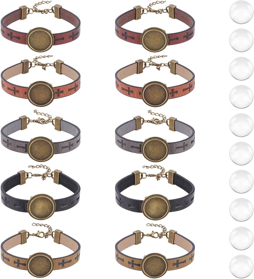 UNICRAFTALE 10Pcs 5 Colors Leather Bracelet Making Kit 18mm Tray Antique Bronze Adjustable Bracelet Hollow Cross PU Leather Bracelet with Flat Round Metal Tray Settings and Glass Cabochons for DIY