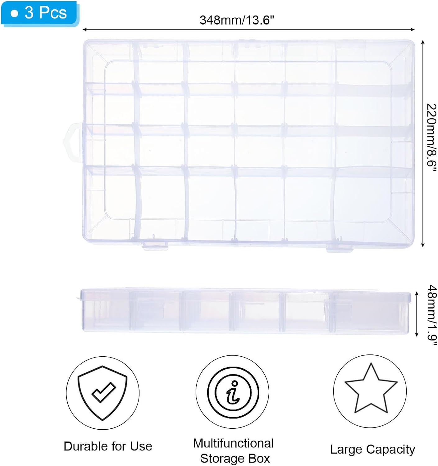 PATIKIL 13.6x8.6x1.9 Inch Nail Charm Organizer, 3 Pcs Craft Organizers and Storage Box Grids Clear Plastic Organizer Box Bead Organizer Art Crafts Jewelry Fishing Tools, Transparent