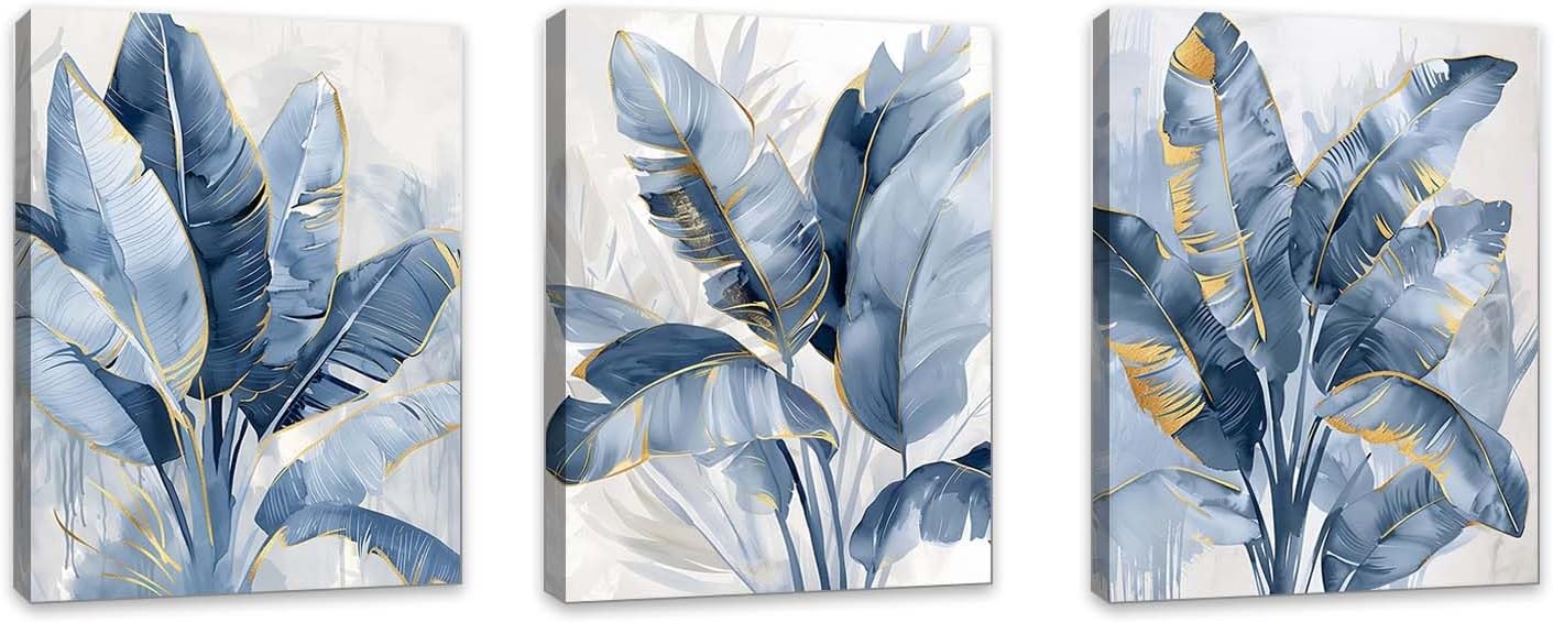 ChaudArt 3 Pieces Blue Banana Leaf Art Print Home Decor Pictures Poster for Bedroom Living Room Bathroom Office With Framed Ready to Hang