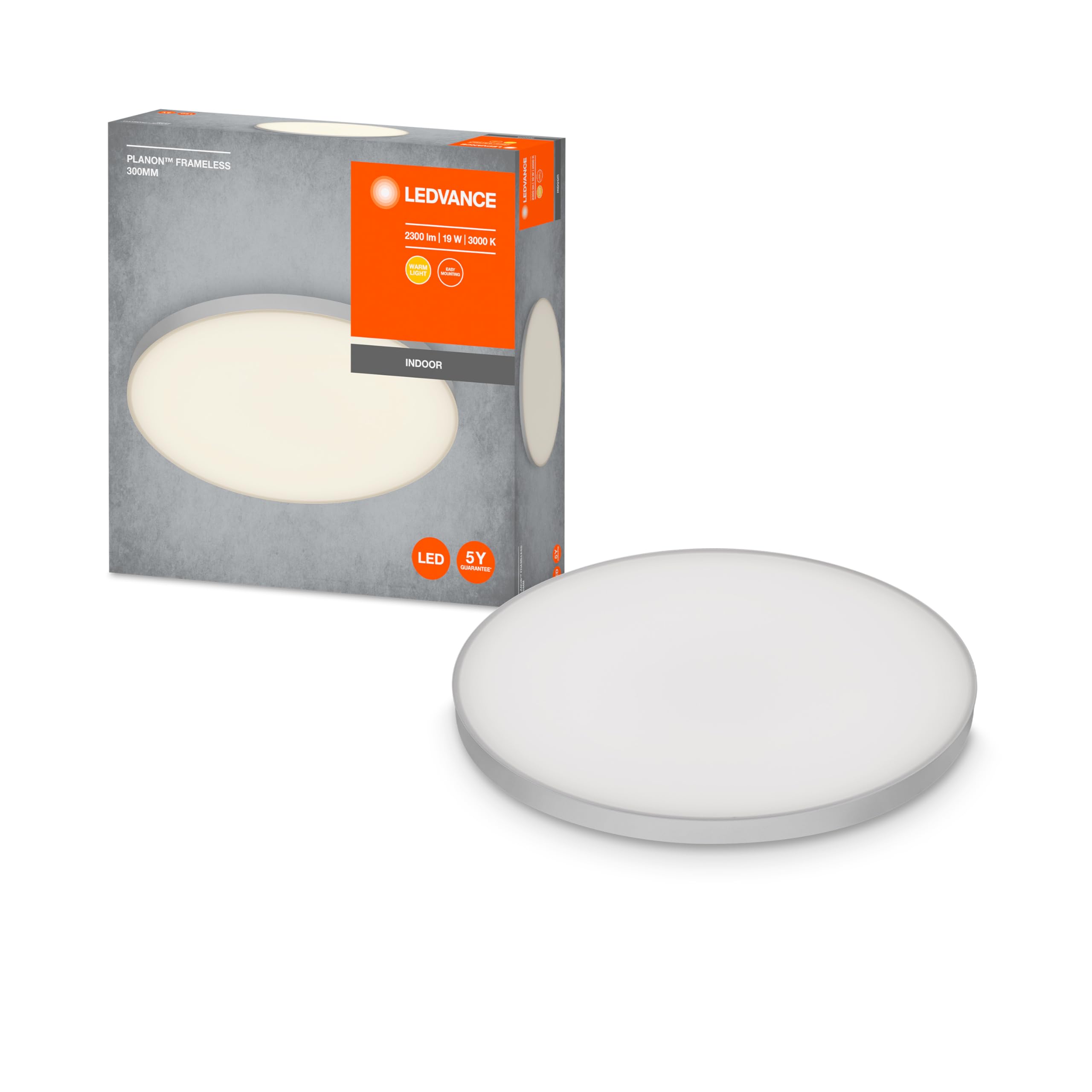 LEDVANCE LED Wand-und Deckenleuchte, Rahmenlose Panel Leuchte für Innen, Warmweiß (3000K), 19W, Rund mit 300mm Durchmesser, PLANON FRAMELESS ROUND