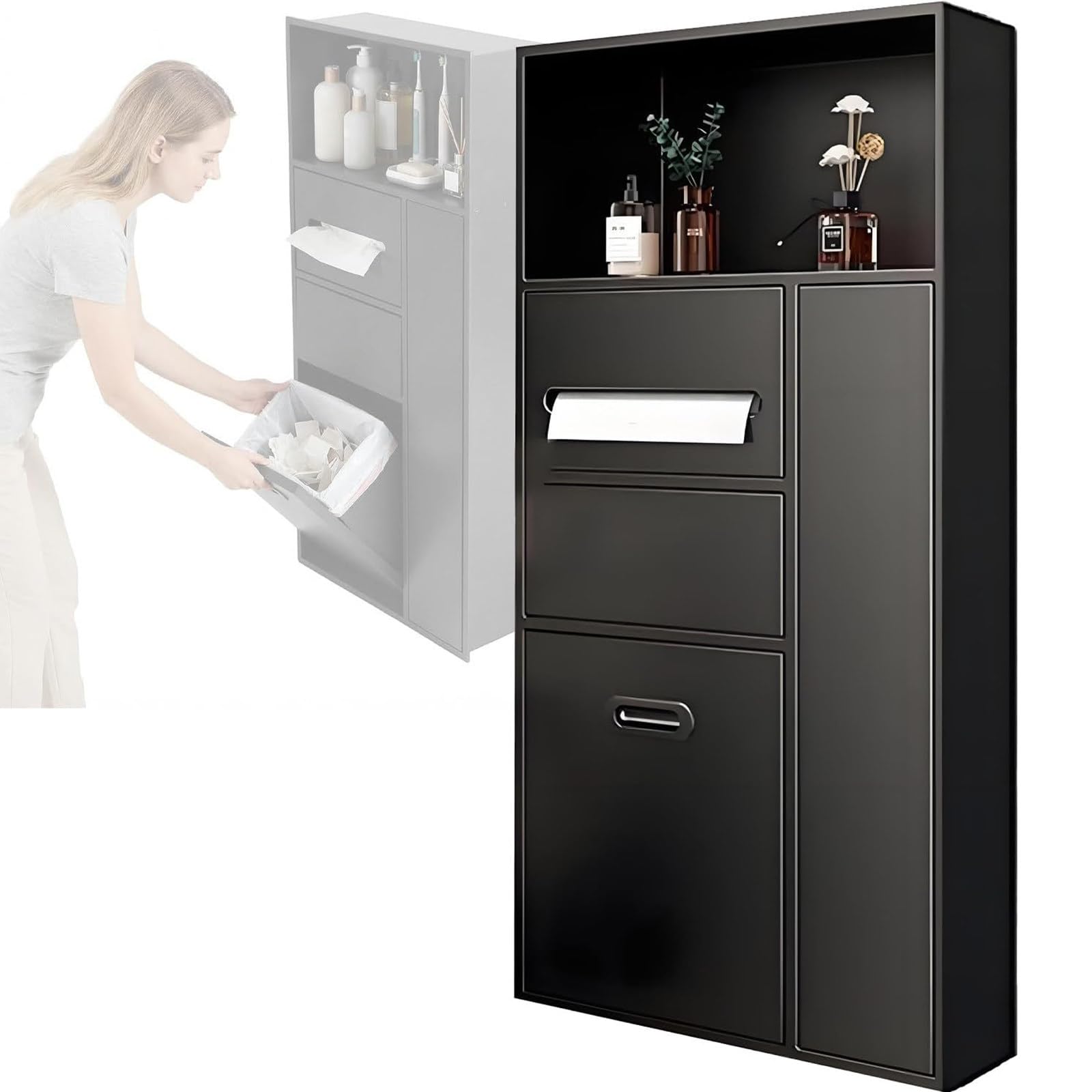 Armadietto da bagno a incasso, organizer da parete con cestino, porta fazzoletti e ripiani staccabili, ripiano doccia impermeabile, bianco