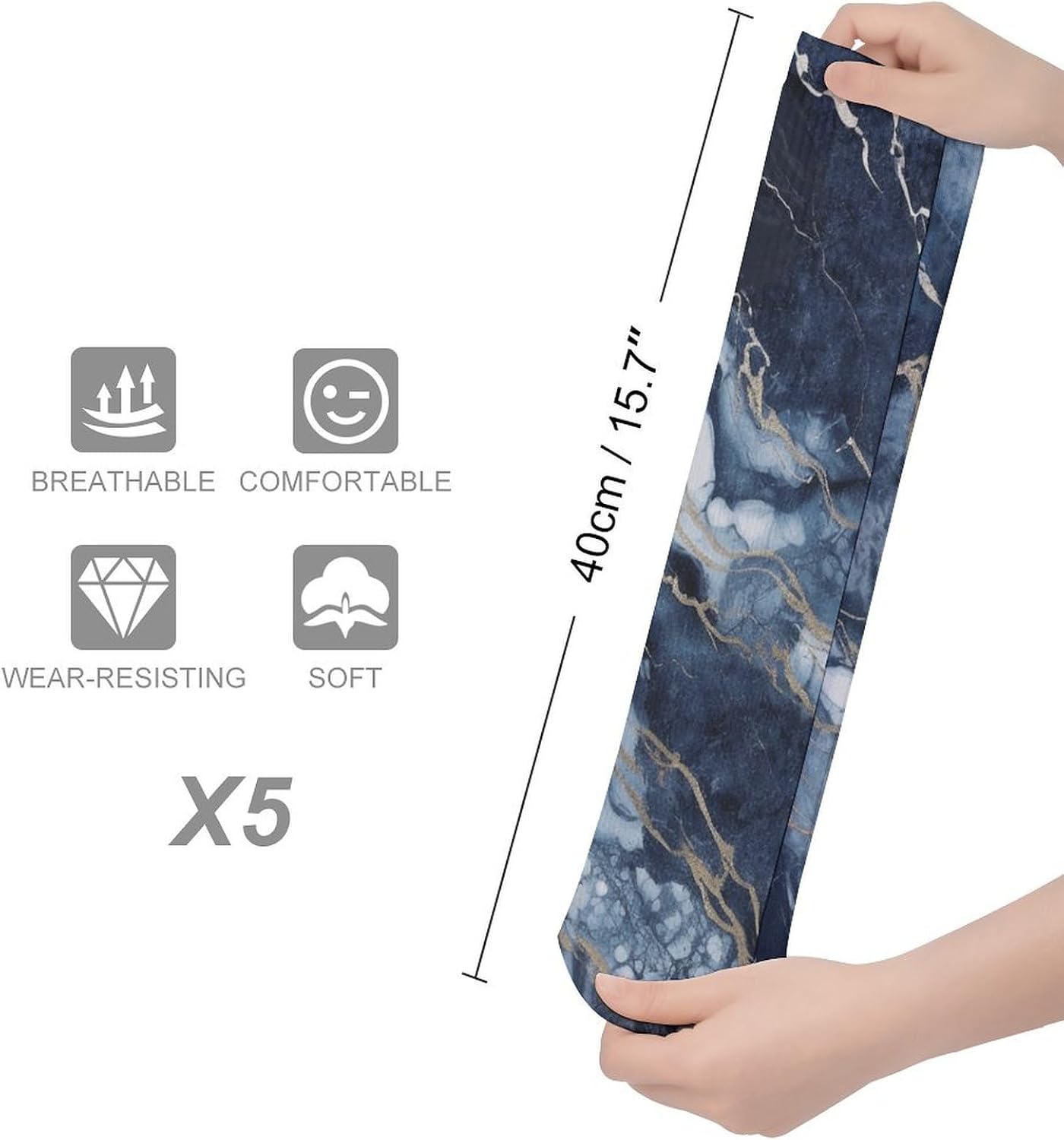 5-Pack Knee High Socks, 15.7 Inch Breathable Casual Socks Marble Navy Blue Mixed Stockings for Men Women
