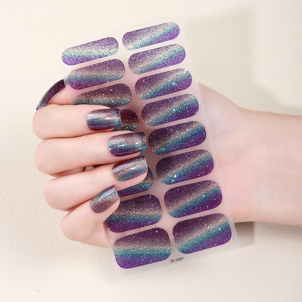 Gradient Sparkling Cat Eyes Full Nail Wraps Stickers Holographic Color Shift Sequins Full Cover Nails Wraps Decals 5Sheets Glitter Self Adhesive Nails Polish Strips for Women Nail Art Decorations