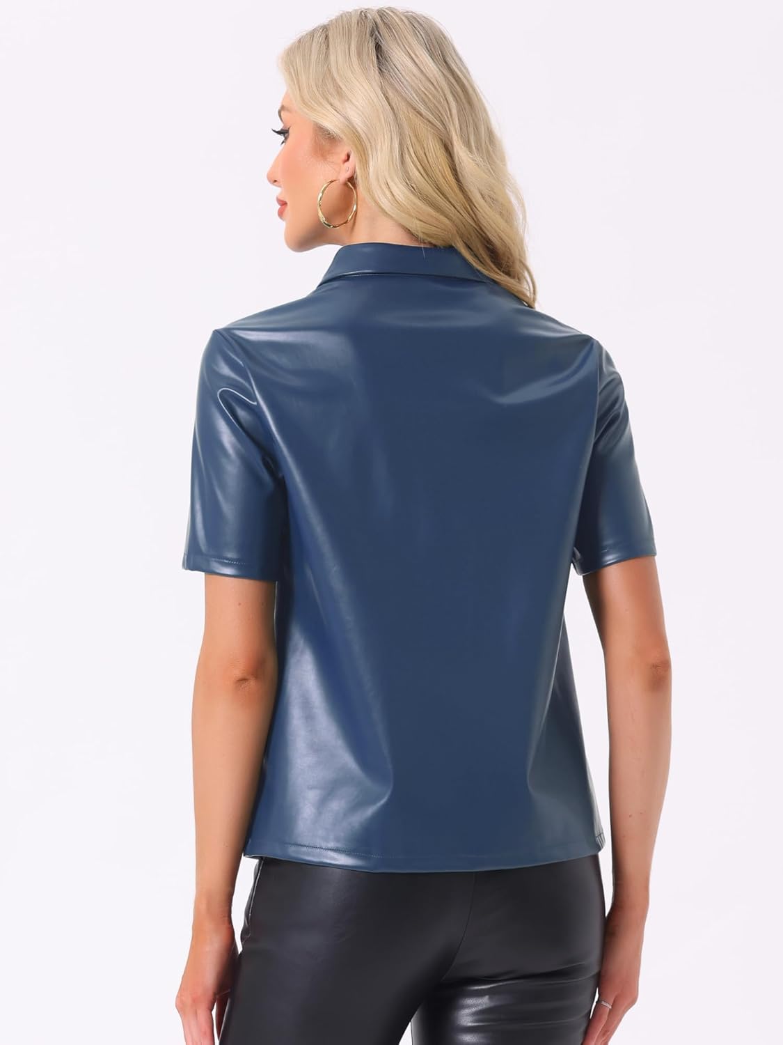 Allegra K PU Leather Button Down Shirt for Women's Short Sleeve Collar Blouse Jacket Party Club Top - Image 3