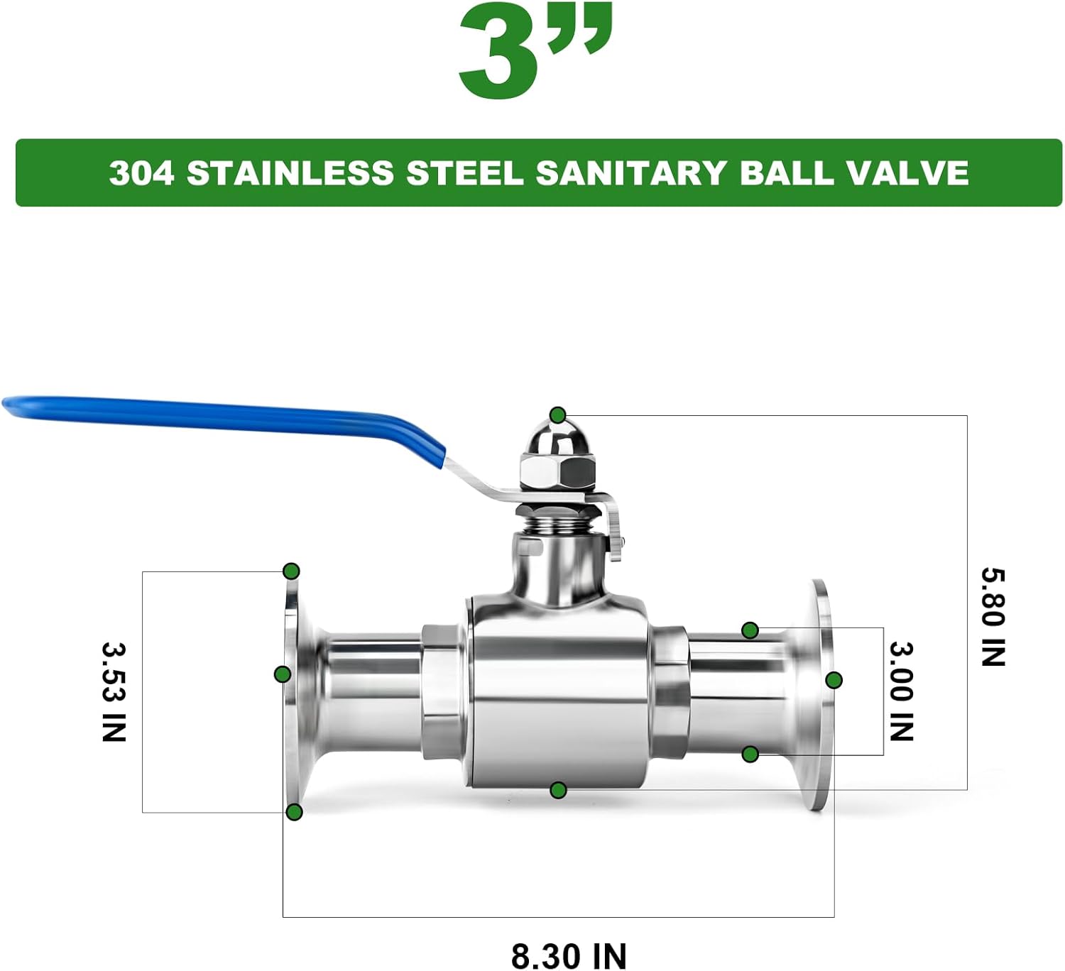 TAISHER 1PCS 304 Stainless Steel 3" Tube OD Sanitary Ball Valve Kit 3" Tri Clamp 91MM Ferrule Flange