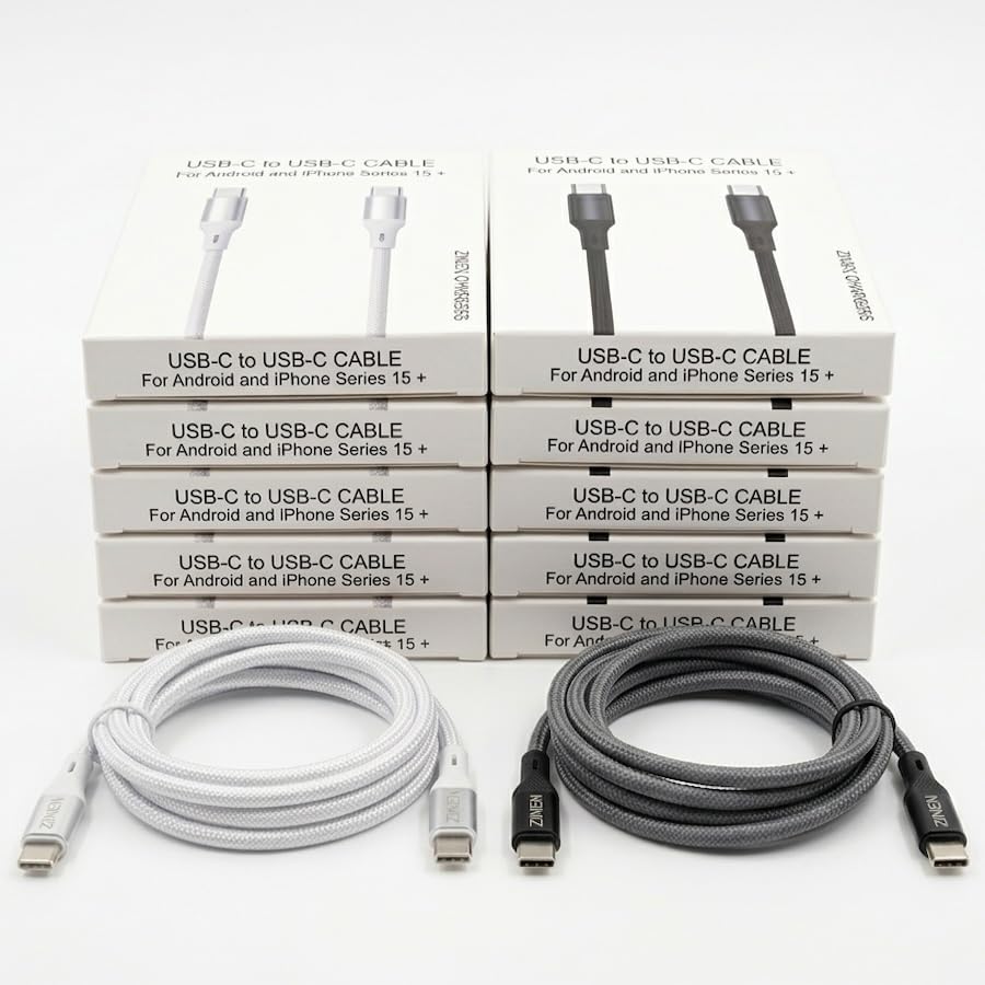 (50 Packs) USB-C to USB-C Cable, 1.5M or 5FT Braided USB Type C Charging Cord, 60W/3A Fast Charge, Compatible with iPhone 15+ and Android Devices