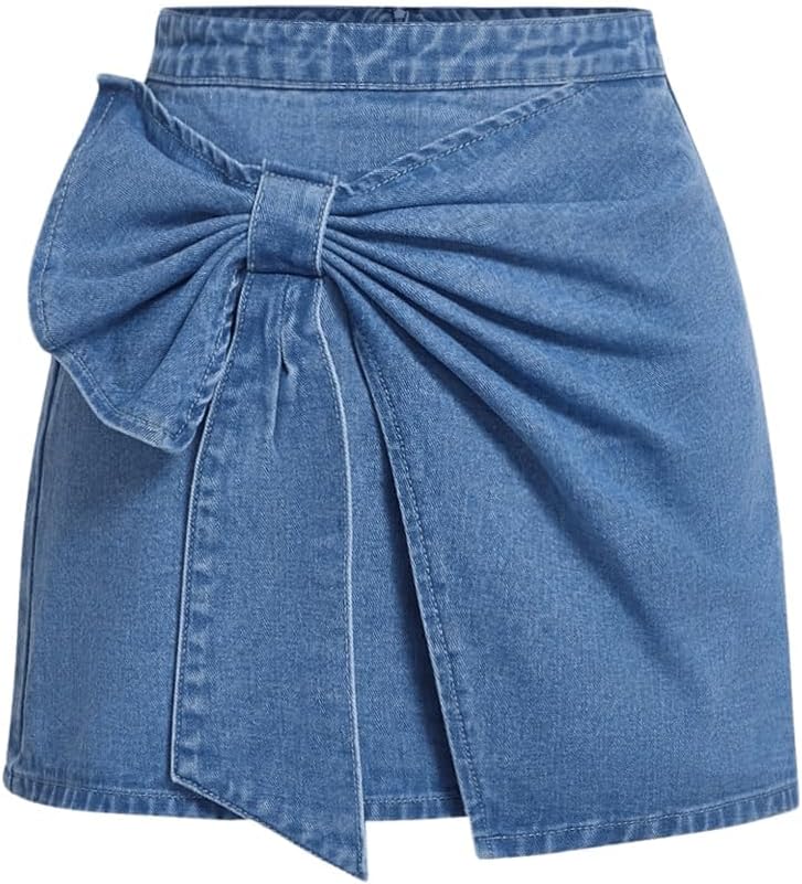 Floerns Women's Asymmetrical Hem Bow Denim Skorts Cute Ruched Jean Skirt Shorts