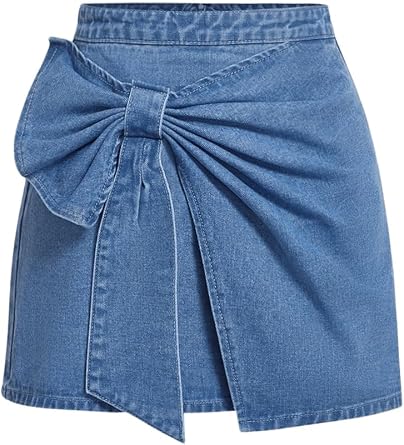 Floerns Womens Asymmetrical Hem Bow Denim Skorts Cute Ruched Jean Skirt Shorts