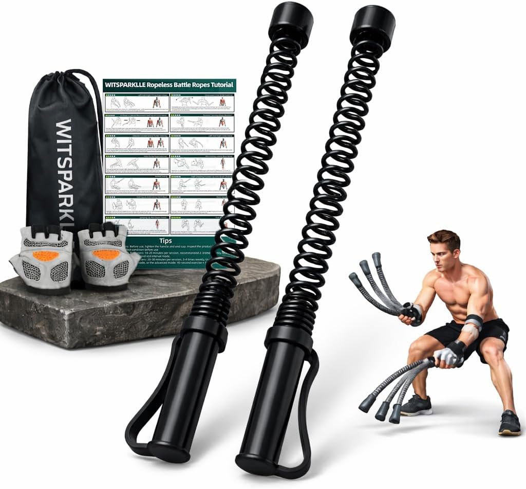 2PCS Ropeless Battle Ropes for Home Gym, Portable Cordless Workout Ropes with Gloves, Bag & Tutorial, Low-Impact HIIT Fitness Equipme...