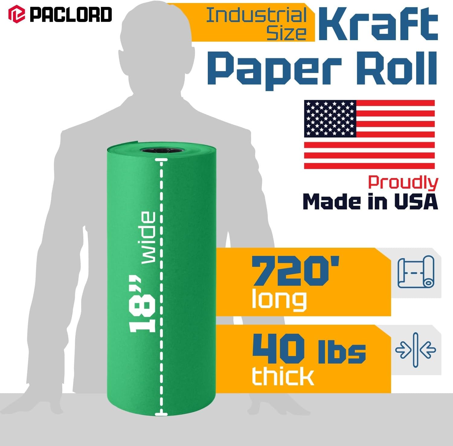 Paclord USA Made 18" x 8640" (720 ft) Green Kraft Paper Roll, Large Size, Extra Thick 40 Lbs – American Quality Colored Kraft Paper for School, Gift Wrapping – Fits Most Dispensers