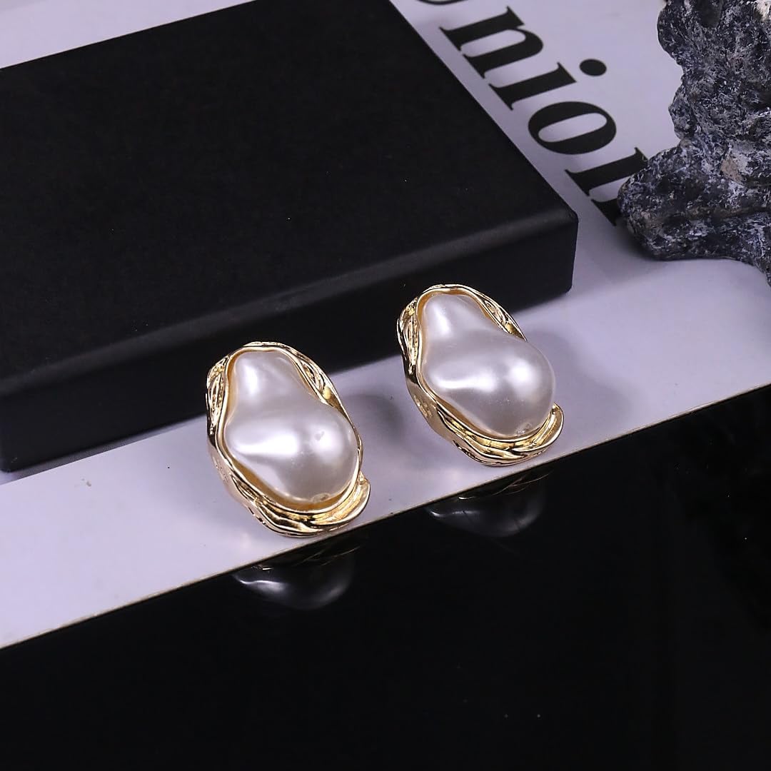 Baroque Pearl Earrings for Women Chunky Gold Big Pearl Statement Stud Earrings Irregular Vintage Small Hoop Earring Trendy Jewelry Accessories - Image 4