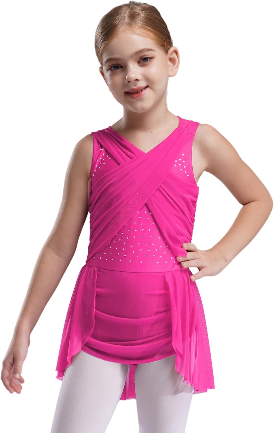 Alvivi Kids Girls Lyrical Figure Skating Dress Rhinestones Irregular Dancewear Cross Cutout Back Ballet Skirted Leotard