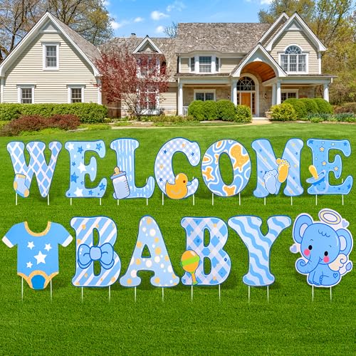 13 Pcs Baby Shower Yard Sign with Stakes 12 Inch Its A Boy Lawn Garden Sign Gender Reveal Outdoor Decoration Welcome Home Baby Boy Party Supplies (Blue)