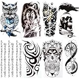Temporary Tattoos For Men Guys Boys & Teens - Fake Half Arm Tattoos Sleeves For Arms Shoulders Chest Back Legs Wolf Owl Sanskrit Skull Crow Cyborg Realistic Waterproof Transfers 8 Sheets 8x6'