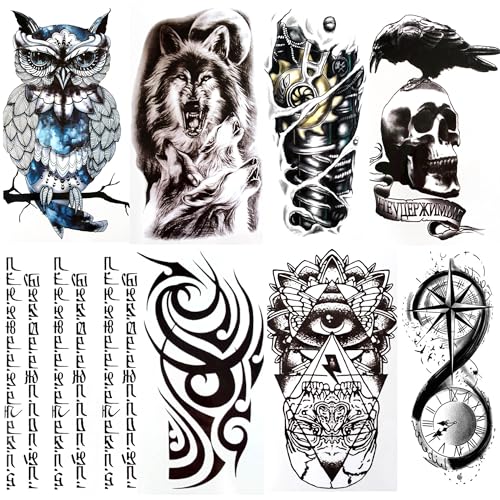 Temporary Tattoos For Men Guys Boys & Teens - Fake Half Arm Tattoos Sleeves For Arms Shoulders Chest Back Legs Wolf Owl Sanskrit Skull Crow Cyborg Realistic Waterproof Transfers 8 Sheets 8x6