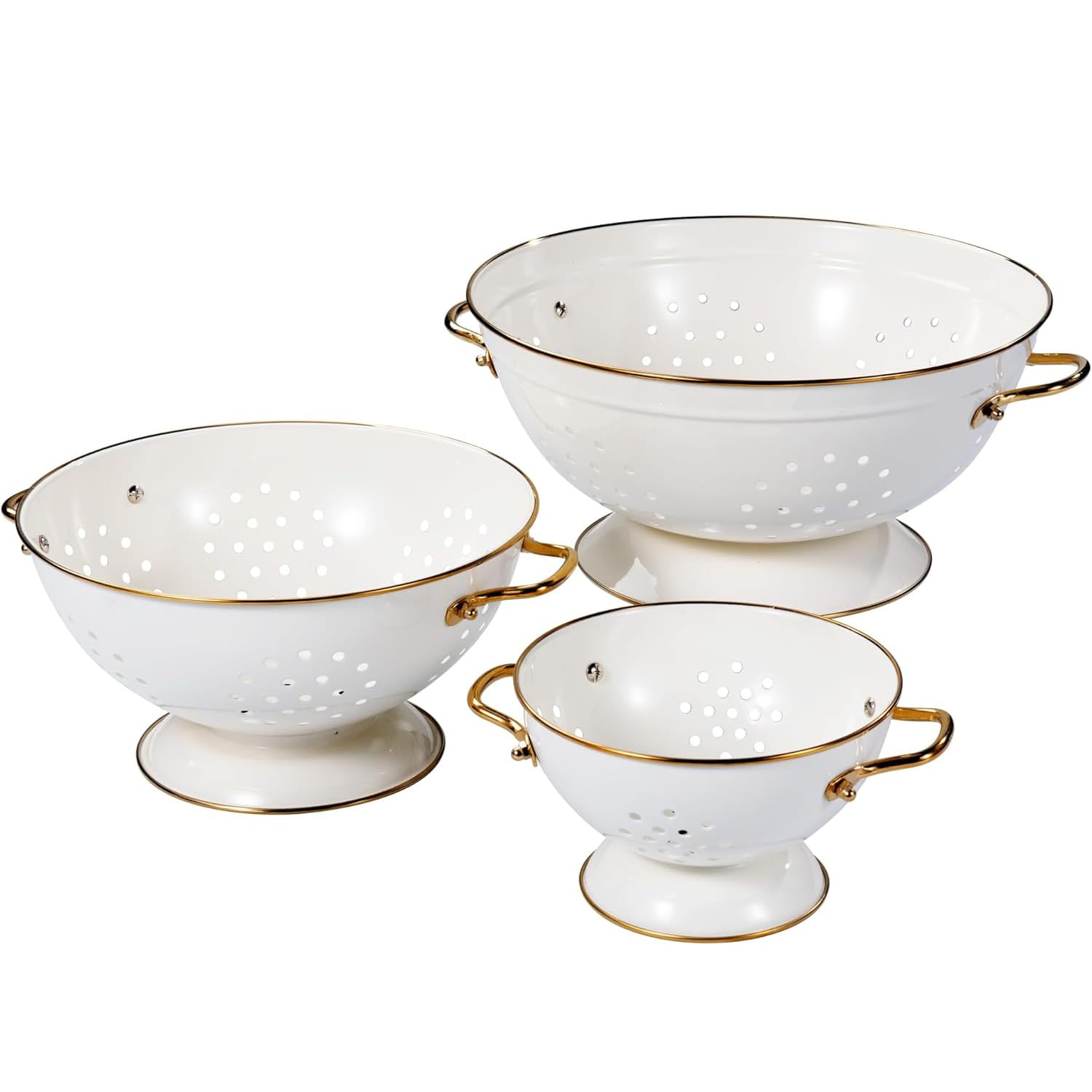 Set di Scolapasta in Metallo - 1, 3,5 e 5 Litri, Colapasta con Manico e Base, Colino da Cucina per Pasta, Frutta e Verdura, Lavabile in Lavastoviglie (Crema)