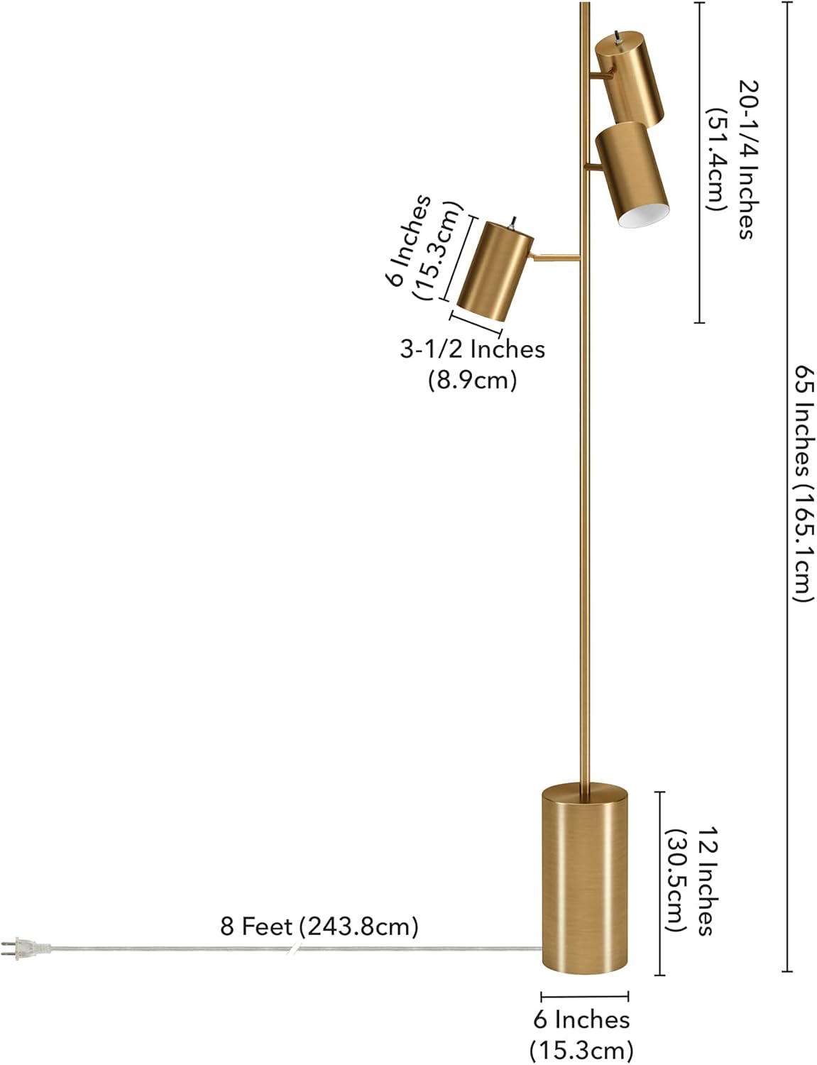 Henn&Hart 65" Modern 3-Light Tree Floor Lamp with Brass Metal Cylinder Shade for Living Room, Bedroom, or Office, Brass