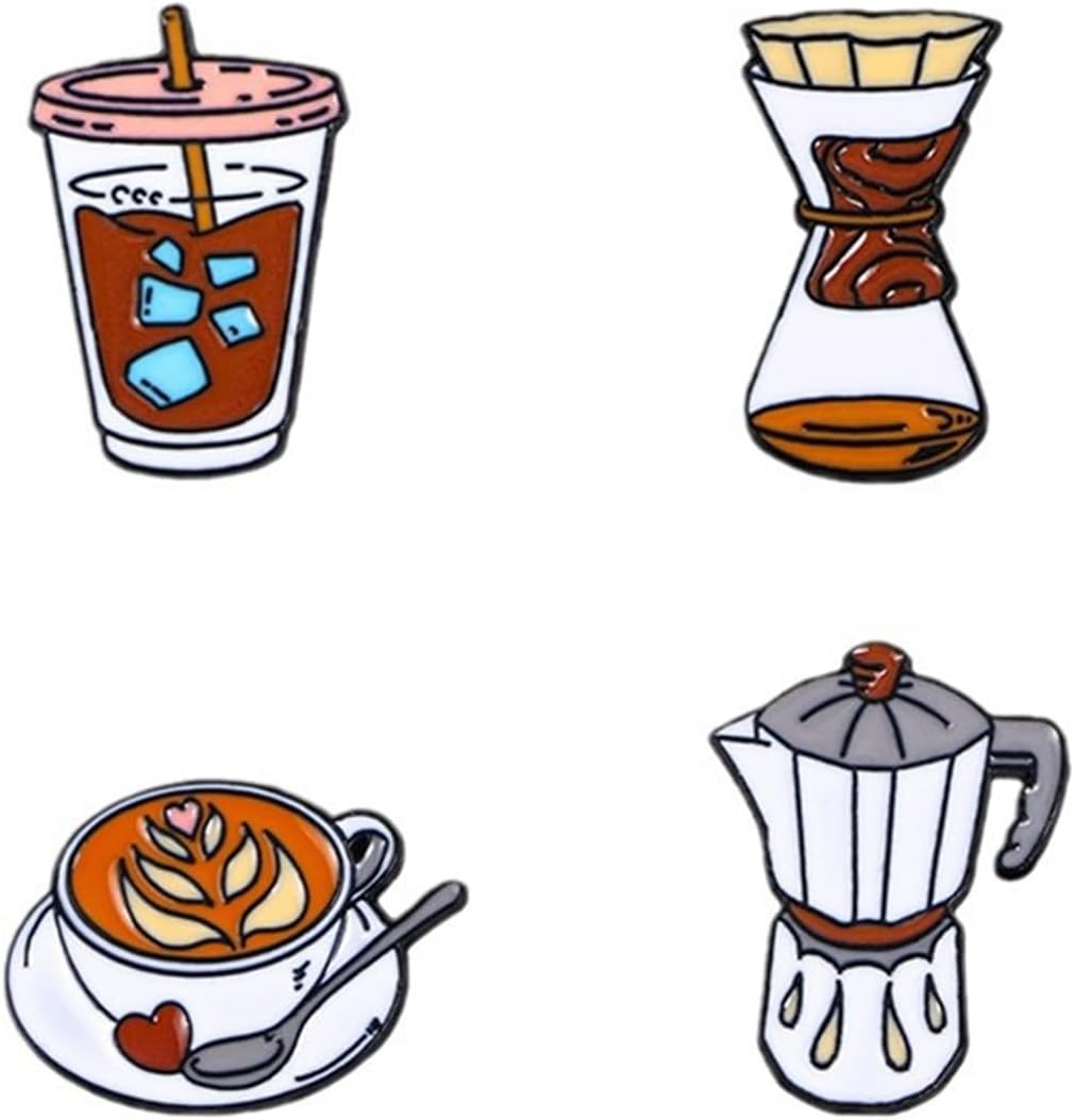 Funny Coffee Enamel Pins Cartoon Alloy Brooch Lapel Pin Set for Women, Men, Teens - Mini Badge Accessories for Backpacks, Jackets, Bags Pack of 4