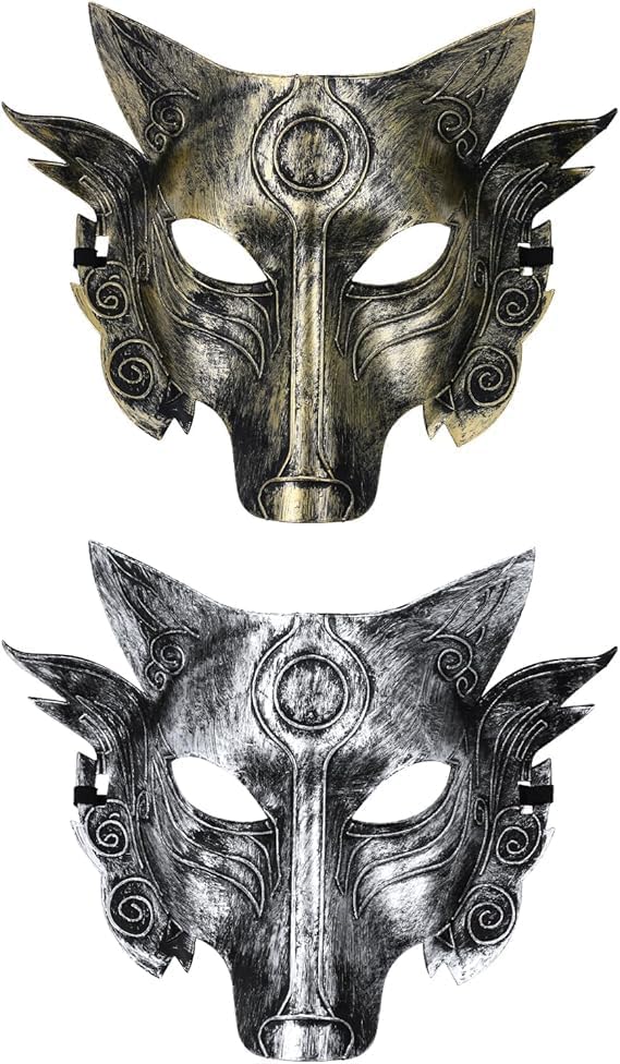 HATFRYF Wolf Masquerade Mask Silver Gold Wolf Head Mask Vintage Funny Animal Wolfs Head Masks Party Prom Ball Carnival Plastic Masks Halloween Costume Accessory for Men Women Adult (2pcs)