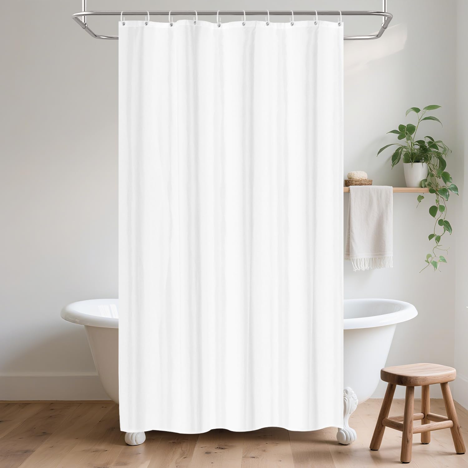 LUKDUNG 150 x 200 cm Polyester Textile Shower Curtain Anti-Mould for Bathroom, Curtain for Bathtub Shower Made of Fabric Waterproof Washable Shower Curtain with 10 Hooks White