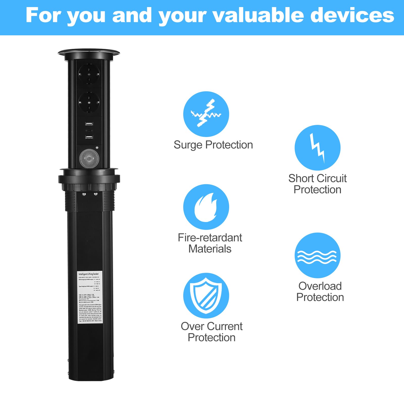 Ciabatta elettrica Retrattile con Protezione da sovratensione motorizzata Intelligente con Presa Pop-up con stazioni di Ricarica USB per bancone da Cucina, Sala conferenze