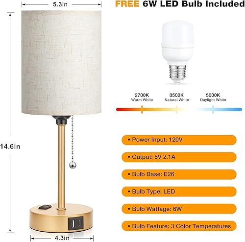 Miniatura 113 de Lámparas de noche pequeñas, 3 modos de color, blanco roto 3000K 4000K 5000K Lámparas de dormitorio con puertos USB C y A, lámparas de mesa de cadena