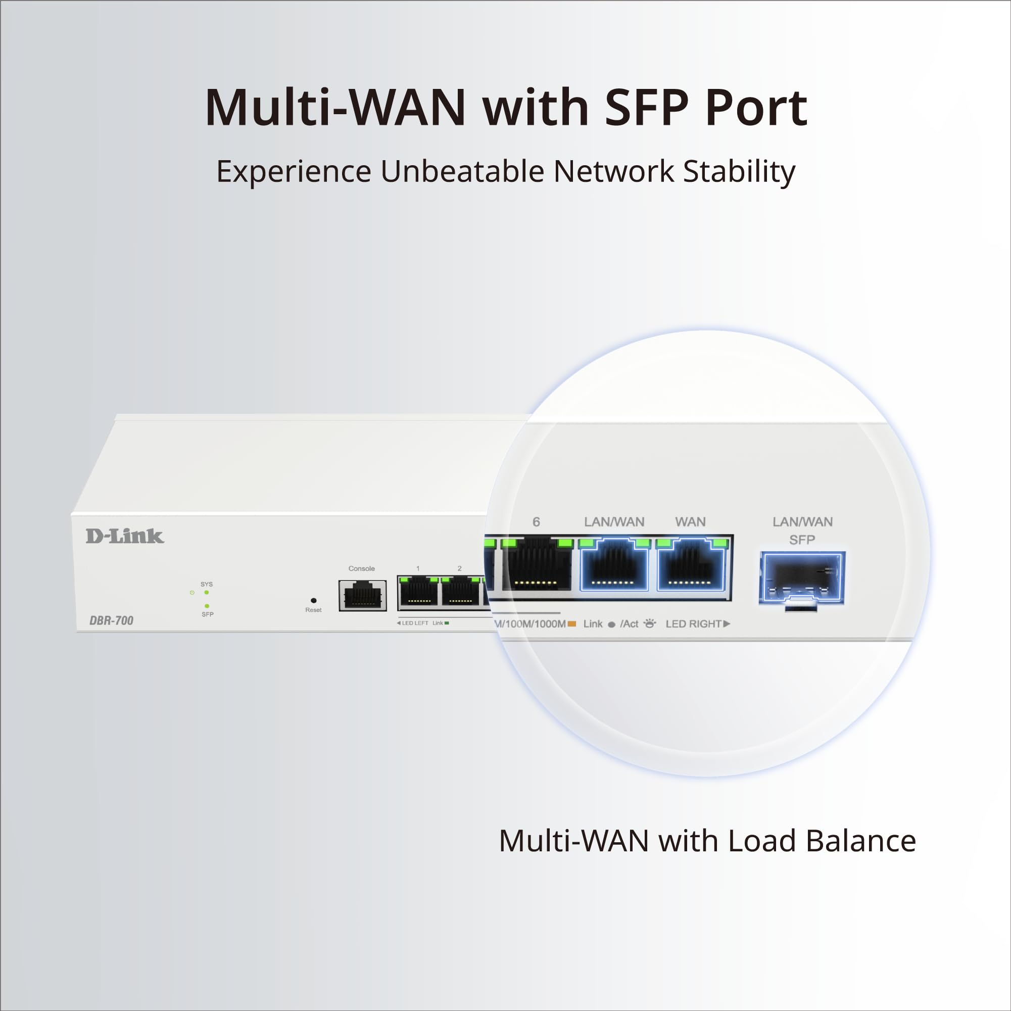 D-Link Router biznesowy DBR-700 – podwójna sieć WAN, równoważenie obciążenia i przełączanie awaryjne, VPN (IPSec, WireGuard, OpenVPN, PPTP, L2TP), zapora SPI, port SFP, centralne zarządzanie AP do 15