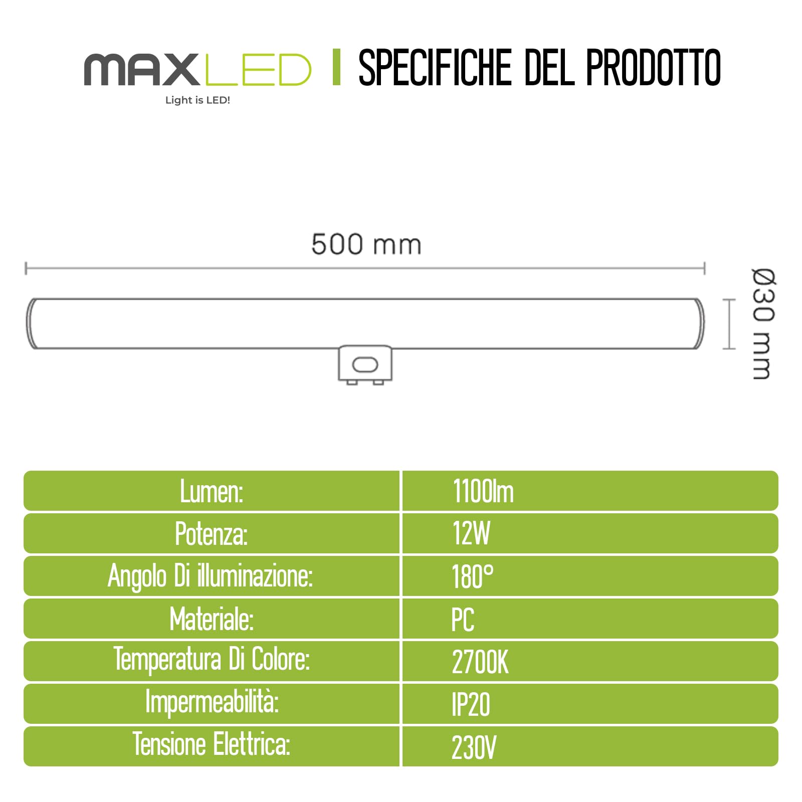 Lampadina LED S14D 12W Equivalente a 90W 1100LM Bianca Calda 2700K Lampadina LED Lineare Ø30mm x 500mm Angolo di Diffusione 180° Non Dimmerabile 230V PC