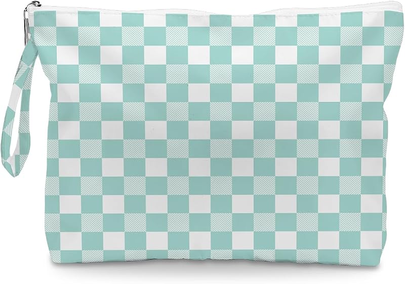 Necessaire IAXIC tipo Wet Bag com zíper, alça superior, estampa xadrez verde-menta, 1 unidade