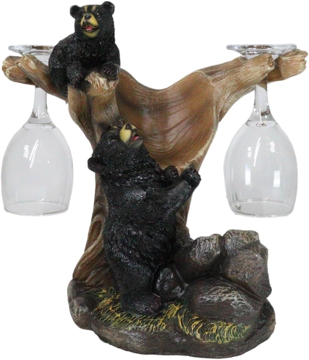 Ebros Gift 10" Tall Rustic Climbing Playful Black Bear Wine Glasses and Bottle Valet Holder Decorative Figurine As Family of Bears Cabin Lodge Mountain Home Decor Accent