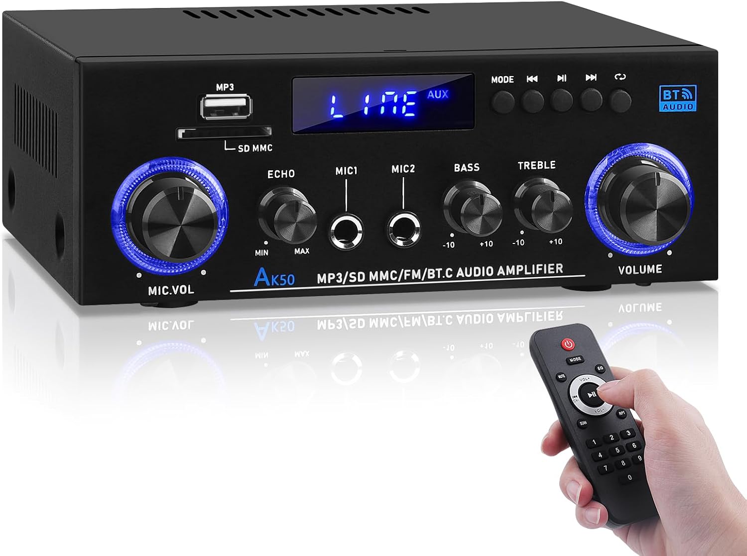 AK50 Amplifier Home Audio, 400W Home 2 Channel Bluetooth 5.0 Power Receivers Amp Subwoofer Output,Mini Speaker FM Radio,USB/SD Card/Aux/Mic in with Echo,Remote Control for Home Theater Stereo System - Image 8