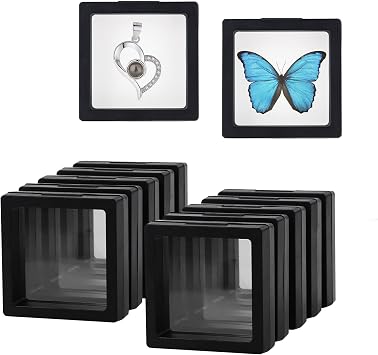 10 PCS 3D Floating Frame, 2.75 x 2.75 Inches Coin Display Case, Shadow Box Frame, Transparent Plastic Jewelry Storage Box for Medallion, Jewelry, Shells, Coin, Stamp Black