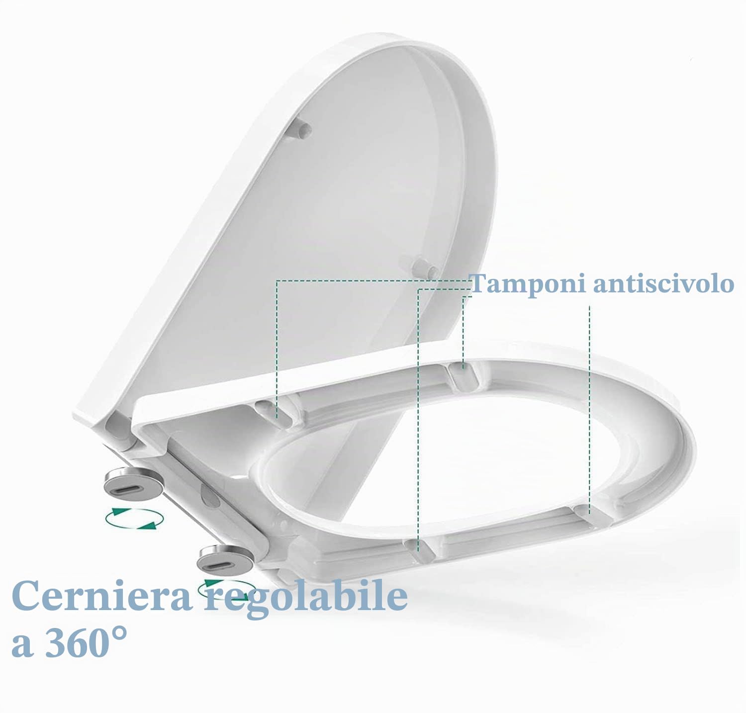 Sedile WC U Forma con Chiusura Rallentata, Tavoletta WC a Sgancio Rapido, Coperchio WC a Forma di D, Copriwater Universali con Cerniere Regolabili, Facile da Pulire, Bianco, PP,43x34cm