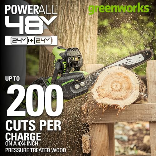 Greenworks 48V (24V x 2) 14" Brushless Cordless Chainsaw (Great for Tree Felling, Limbing, Pruning, and Firewood / 200+ Compatible Tools), (2) 4.0Ah Batteries and Dual Port Rapid Charger Included by Greenworks - Image 2