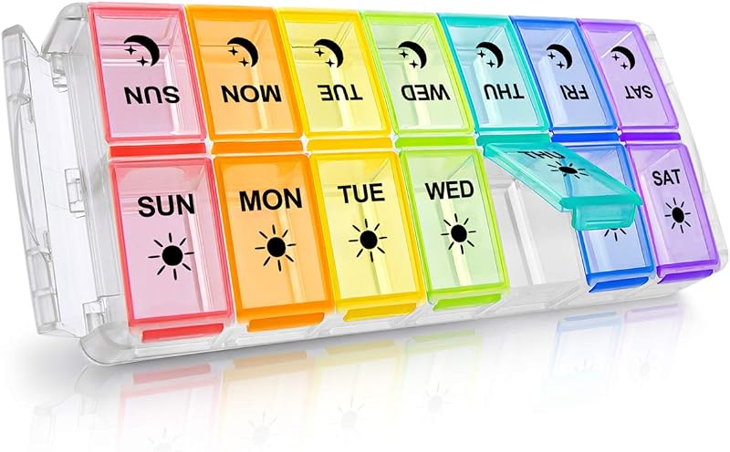 Fullicon Quick Fill, Large Pill Organizer 2 Times a Day, Rainbow Clear | Each Compartment Holds 13 Fish Oils or 12 Vitamins, BPA Free Food Grade Plastic, Prevents Pills Mixing, Two Side Buckle Locks