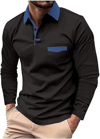 Mens Polo Shirts Long Sleeve 2025 Casual Polo T-Shirts Color Block Slim Fit Golf Polo Shirt with Pocket