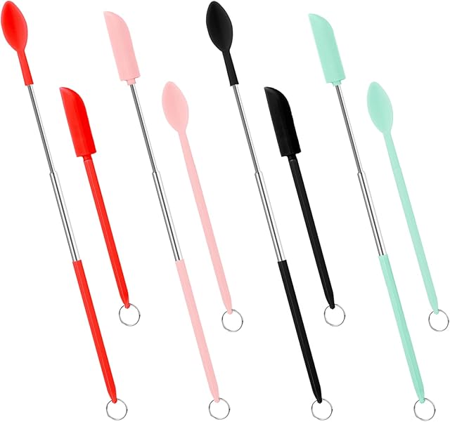 Mini Spatula and Spoon Sets, 8pcs Mini Silicone Telescopic Spatula and Scooping Spoon Scalable Silicone Small Jar Scraper Spatula with Hanging Buckle for Kitchen Narrow Bottle Makeup (4 Colors)