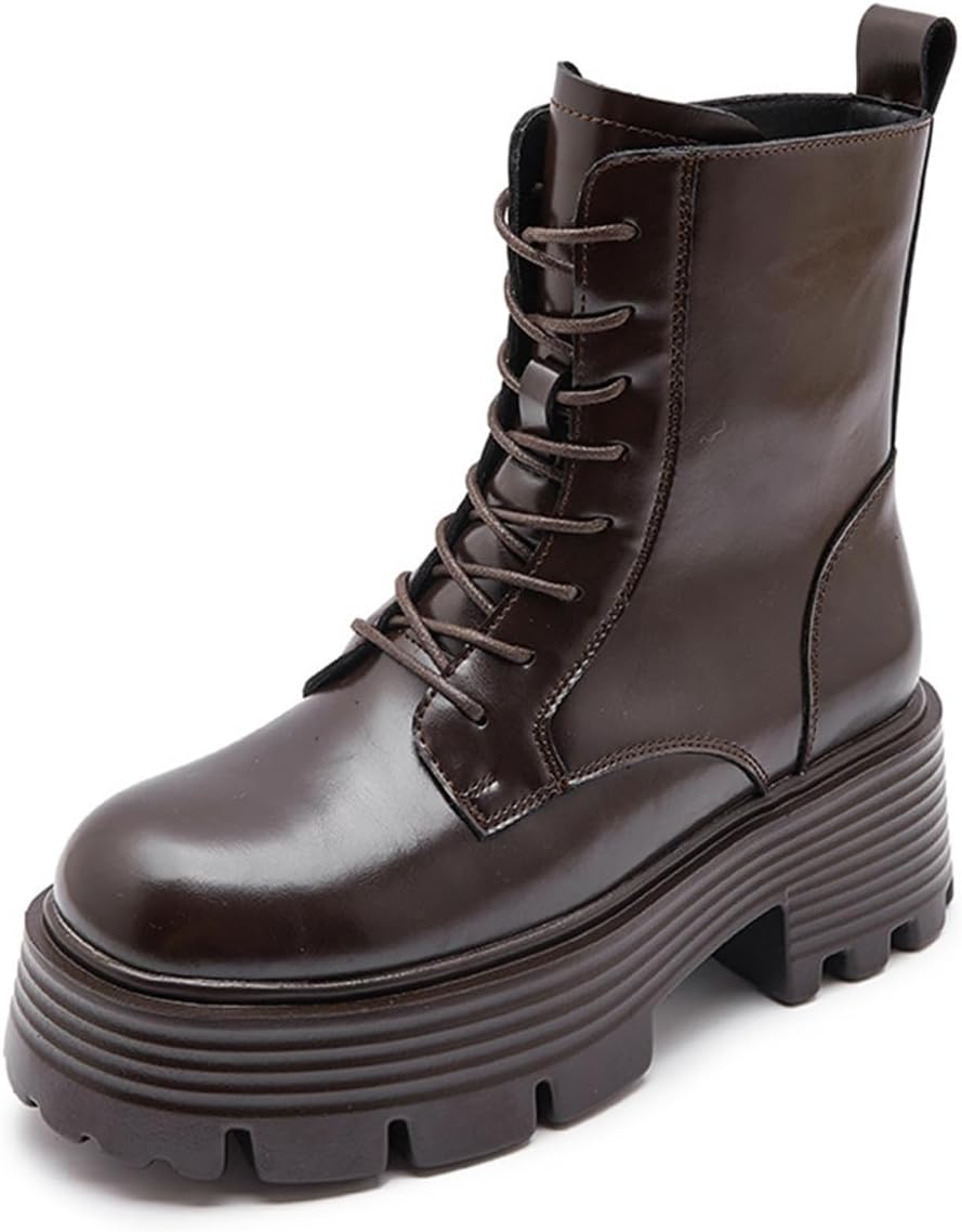 Womens Platform Ankle Boots Side Zip Lug Lace Up Motorcycle Boots Fashion Chunky Heel Combat Boots