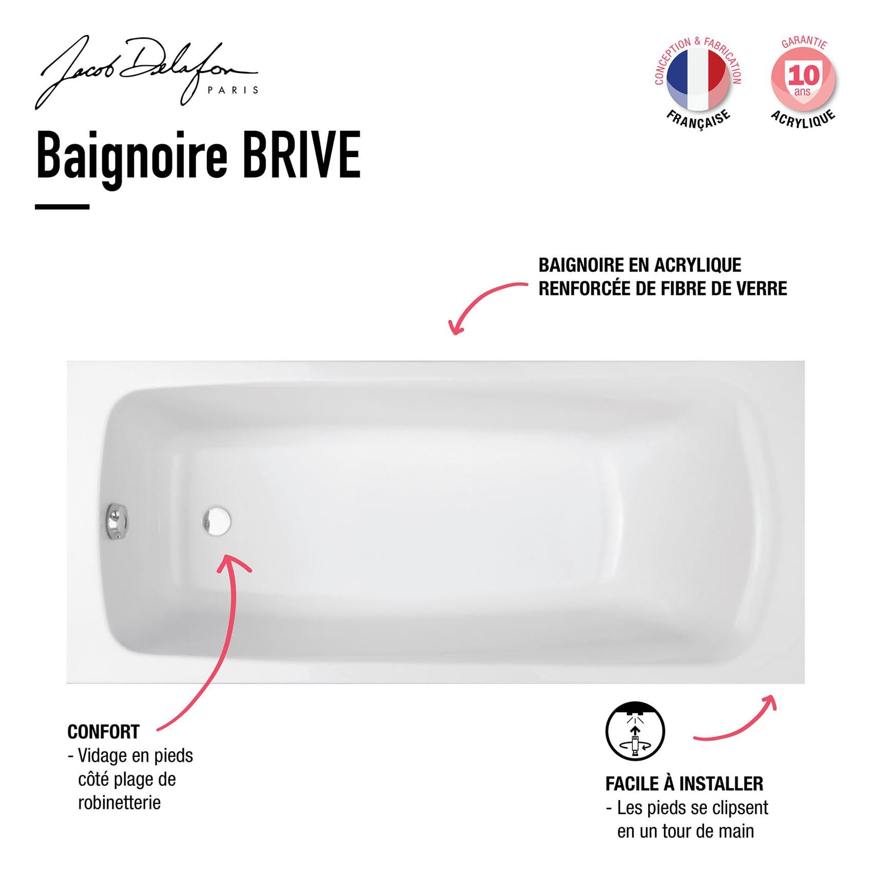 Jacob Delafon - Baignoire Rectangulaire BRIVE - 170 x 75 cm - Pieds Réglables QuickClip, Fixation Rapide - Fabrication Française - Acrylique - Blanc - E6115-00
