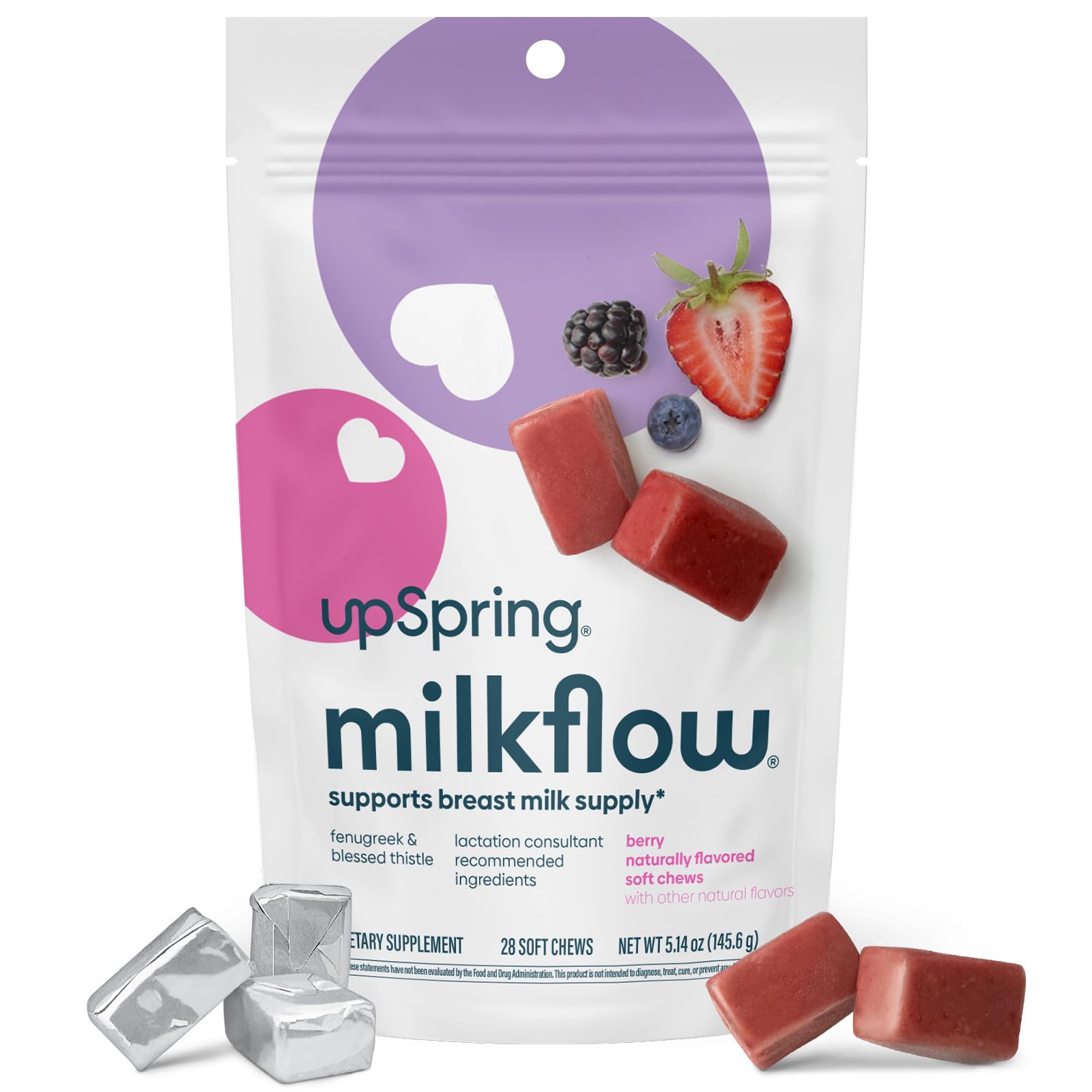 UpSpring Lactation Supplement for Breastfeeding, Lactation Snacks with Fenugreek and Blessed Thistle, Breastfeeding Essentials Support, Breast Milk Supply - Mixed Berry (28 Count)