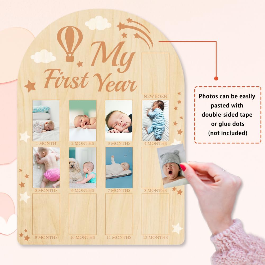 ORIGACH My First Year Baby Growth Photo Display Wood Board - 12 Months Newborn Milestones Picture Frame - Neutral Baby Keepsake Board 1st Birthday Party Nursery Decor New Mom Gift - Hot Air Balloon