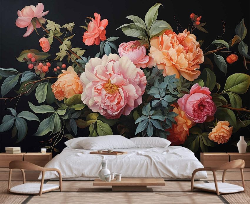 Watercolor Seamless Black Background Floral Pattern Wallpaper, Large Wall Background Decorative Wall murals(Non-self-Adhesive) 170" x 108" 135.0