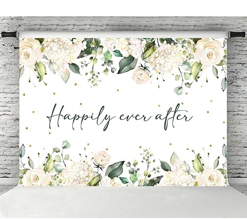 Miniatura 5 de Lofaris Telón de fondo para boda, flores blancas, hojas verdes, puntos dorados, fondo de fotografía, despedida de soltera, boda, fiesta, pancarta,