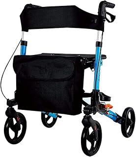 Aluminum Rollator with Seat Folding Mobility Rolling Has Wheels 8 Inch for Seniors Lightweight Mobility Walking Aid for Adult Elderly Aluminum Frame Blue Double The Comfort