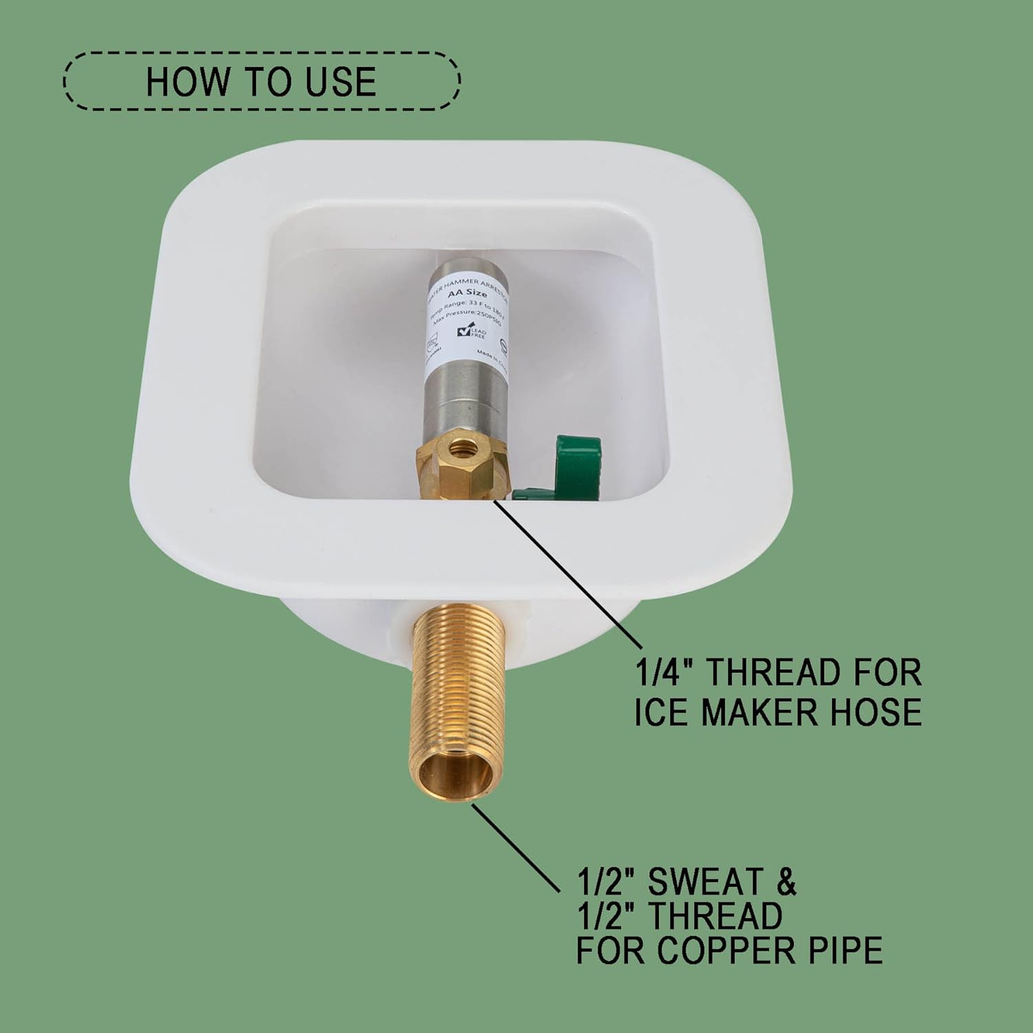 [1 Piece] Lingmfg Ice Maker Outlet Box Sweat Thread with Hammer Arrestor, 1/2 inch Thread, 1/2 inch Copper Sweat, Connection 1/4 Inch Ice Maker Hose, Water Valve Box Inlet Compression Cover Old Work