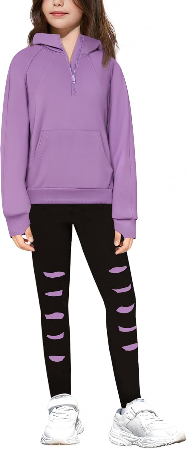 Crazyme Girls Clothes Half Zip Crop Pullover Sweatshirt 2 Piece Outfits Leggings Pants Kids Clothing 6-14Y